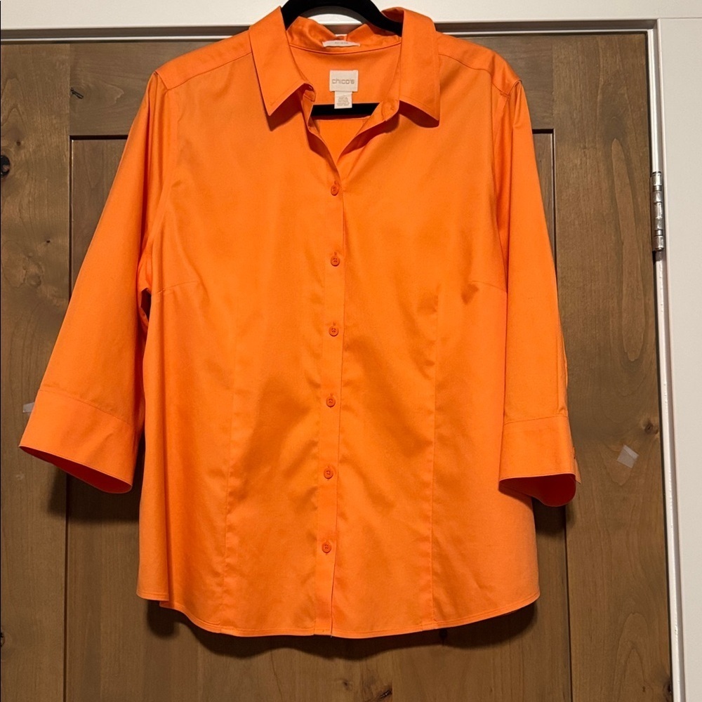 Chico's No Iron Orange Button Up Blouse Womens 3/XL office work wear beach